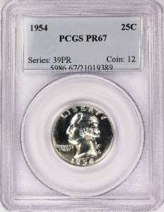 1954 Silver Proof Washington Quarter PR67 PR 67 PCGS $60 Certified 