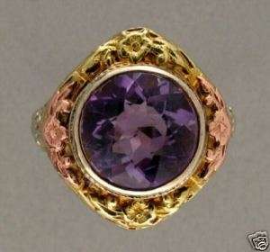   ANTIQUE EARLY 1900s 14K WHITE PINK & GREEN GOLD NATURAL AMETHYST RING