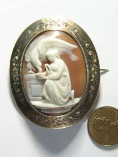 QUALITY ANTIQUE 9K GOLD CARVED NATURAL SHELL CAMEO BROOCH PIN HEBE 