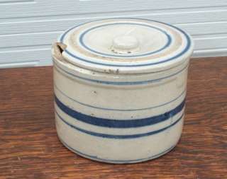 Antique Stoneware Crock with Many Cobalt Blue Banded Rings   Small 