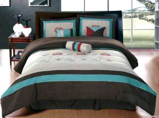 New Bedding Coffee Brown Aqua Blue Embroidered Comforter set Queen 