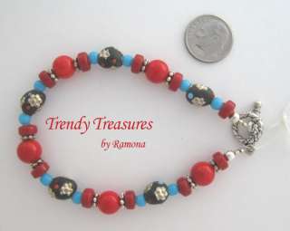 Red Coral, Ladakhi Beads, Artisan Bracelet Gemstones Trendy Treasures 
