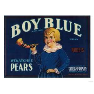 Boy Blue Pear Crate Label   Wenatchee, WA Giclee Poster Print, 12x9 