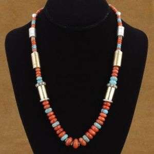 NATIVE AMERICAN STERLING TURQUOISE CORAL BEADS Necklace  