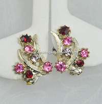 Vintage Unsigned Pink, Red and Purple Rhinestone Earrings  