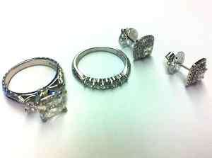   Emerald Cut Engagement & Diamond Wedding Ring, 18K White Gold Earrings