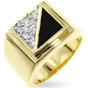  Mens Ring   Crystal and Black Enamel Flat Face, Two Toned 