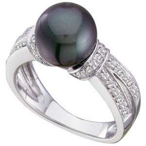  9mm Black Cultured Pearl & Diamond Ring/14kt white gold 