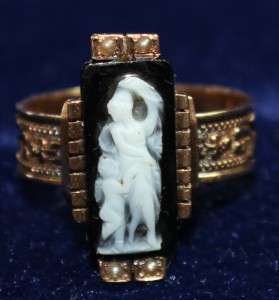  VICTORIAN 14k YELLOW GOLD, 2 FULL FIGURE CAMEO, CUPID & MAIDEN, RING
