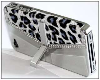  Rhinestone Leopard Wallet Hard Case Cover iPhone 4 4S 4G Gray  