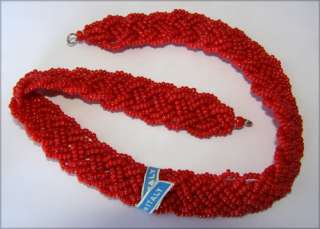 VINTAGE RED GLASS SEED BEAD NECKLACE ITALY BEADS BRAID  