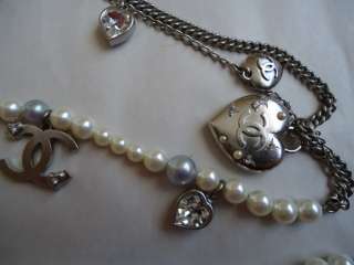   Chanel MULTI CRYSTAL SILVER HEART CHARM PEARL NECKLACE/BELT 06A  