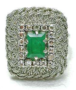Vintage 14k White Gold Emerald & Diamond ladies MESH Cocktail Ring 