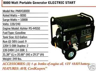 8000 Watt Portable Powermate Generator Electric Start  