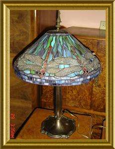   1930 DRAGONFLY SLAG GLASS TABLE LAMP 26 H TIFFANY STYLE HIGHLY ORNATE