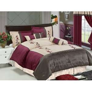  7Pcs Queen Burgundy and Brown Floral Comforter Set