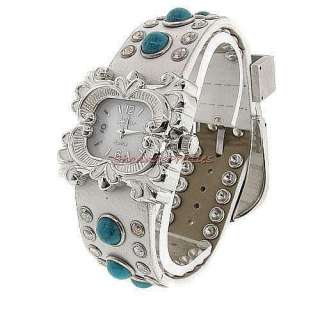 New Western White Watch Belt Buckle Crystal Turquoise Studs Chunky 