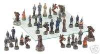 Deluxe etched glass civil war pedestal chess set game  
