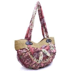  Pink Straw Floral Fabric Beach Tote 