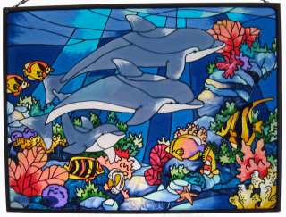 DOLPHIN UNDERSEA FISH CORAL 12x9 GLASS SUNCATCHER PANEL  