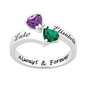   Birthstone Hearts Ring in Sterling Silver (2 Stones and Names) FAMILY